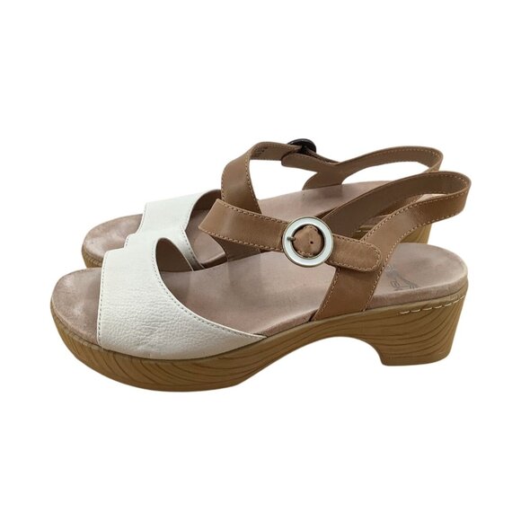 Dansko Shoes - Dansko Womens Two-Tone Leather Sandals Adjustable Strap & Wooden-Look Sole Sz 39